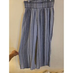 Indigo Rein Women's Size Large Stripe Wide‎ Leg Elastic Waist Linen Blend
